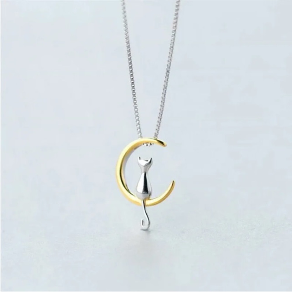 Fashion Gold Plated Cat Moon Necklace 10” adjustable New